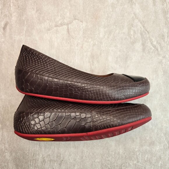 Fitflop Ballet Flats Brown Leather Croc Embossed Slip On Low Wedge Comfort Shoes - Picture 5 of 10